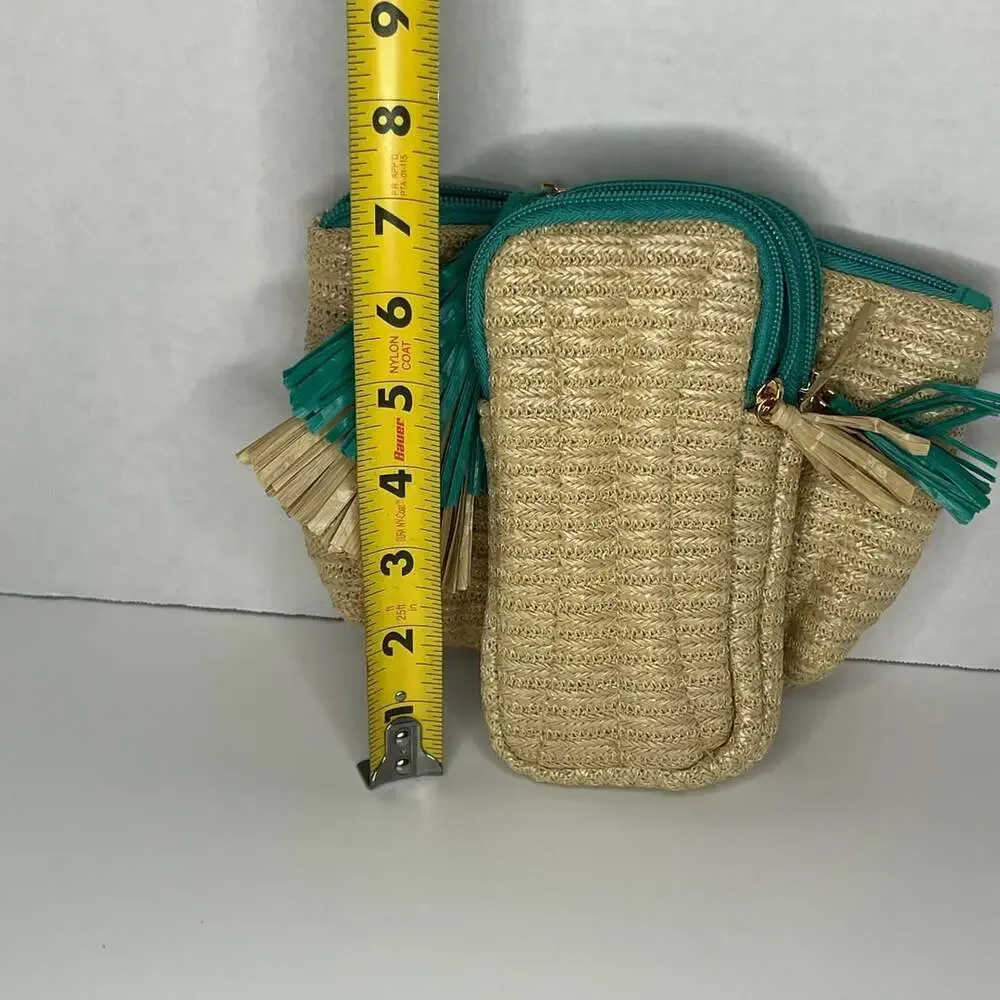 Woven Straw Cosmetic Travel Pouch with Teal Zipper and Tassel Detail
